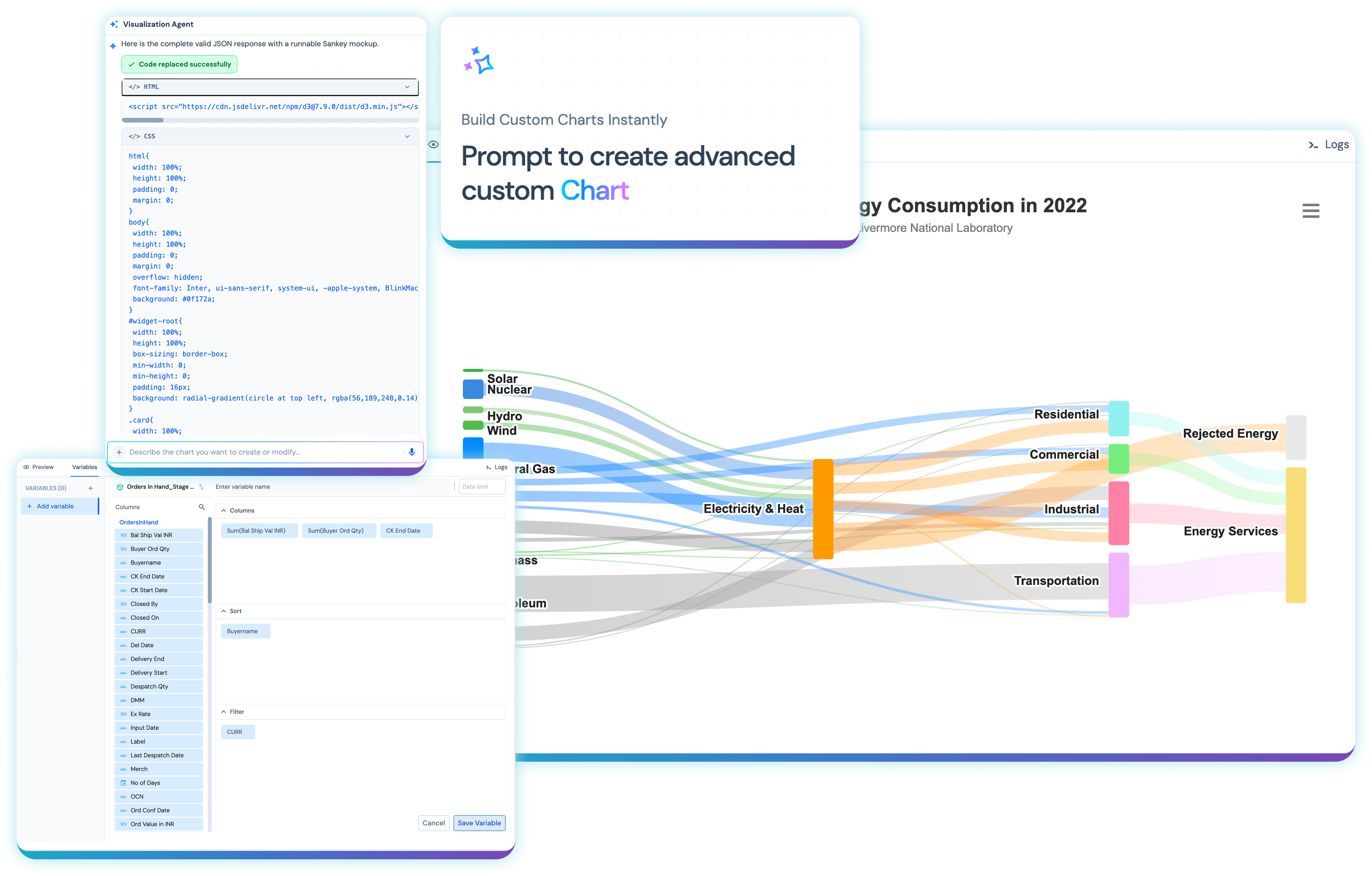 Lumenores Visualization Agent building a custom chart from a natural-language prompt, with a live code editor and preview