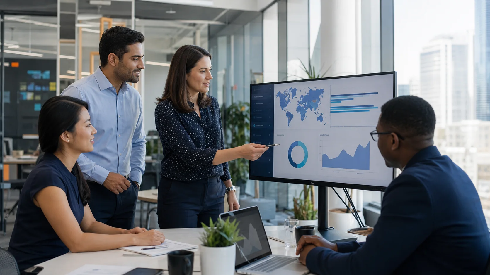 Global IT services people operations team reviewing unified workforce reporting