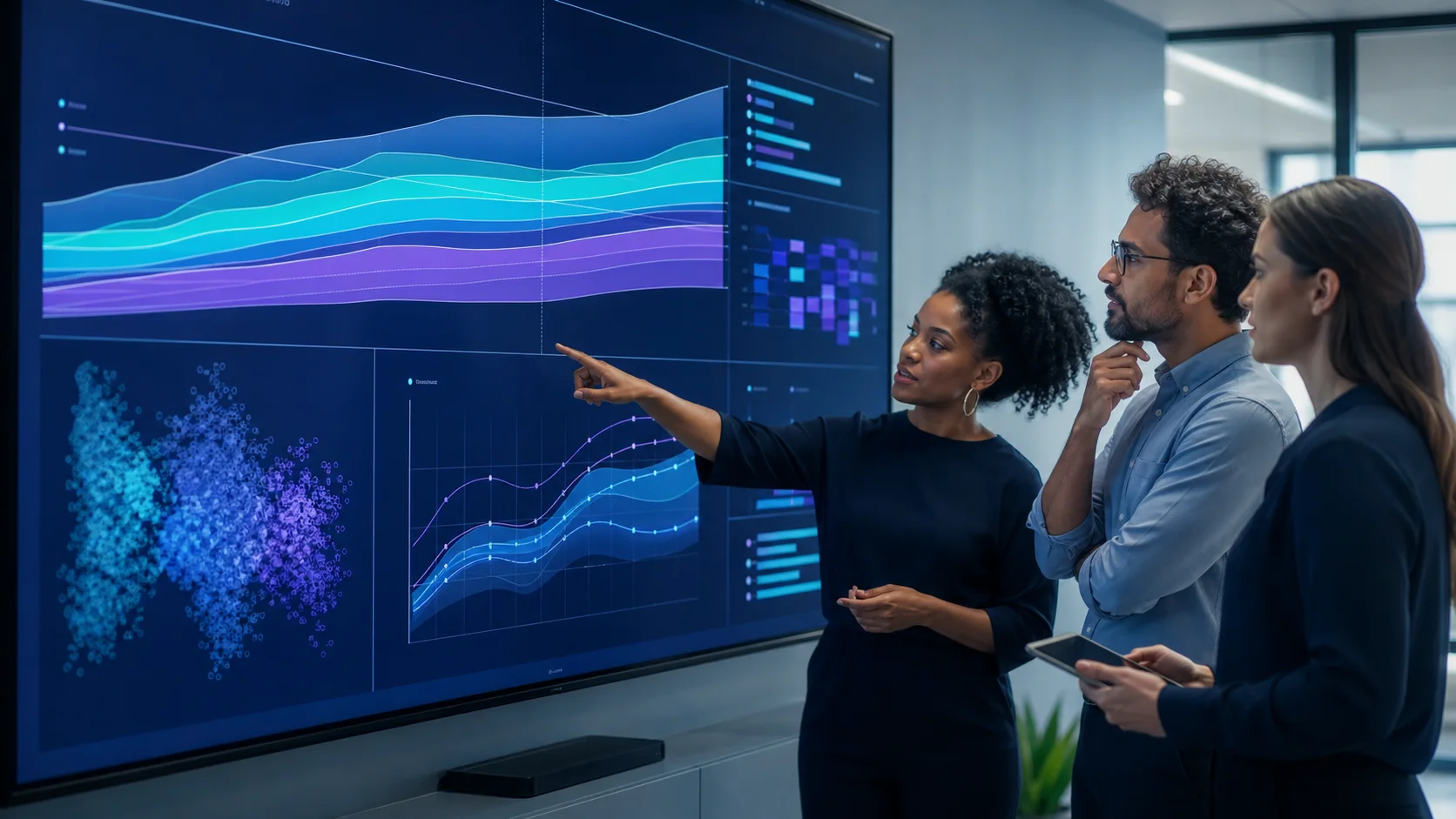 People analytics team reviewing workforce trends and future staffing scenarios